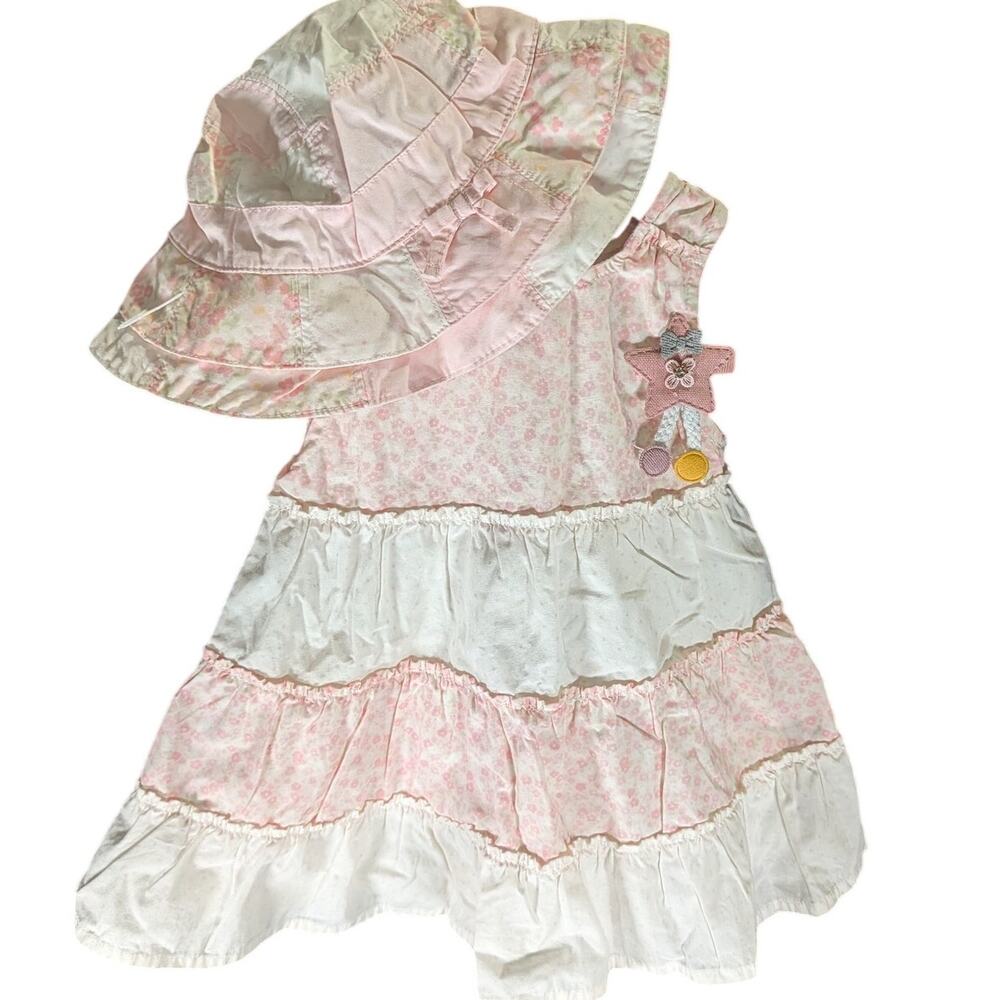 Baby Girl Floral Ruffle Dress Sun Hat Hair Clip 3 Pc Set Pink White 12-18M